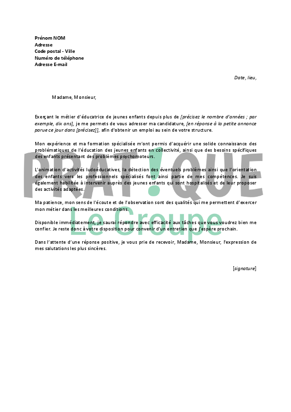 Lettre de motivation pour un emploi d ducatrice de jeunes 