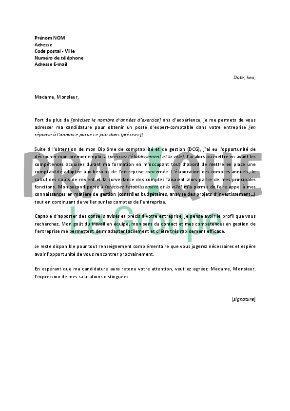 Lettre de motivation pour un emploi d'expert-comptable 