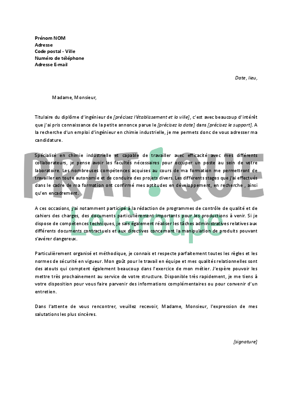 Lettre de motivation pour un emploi d'ingénieur en chimie 