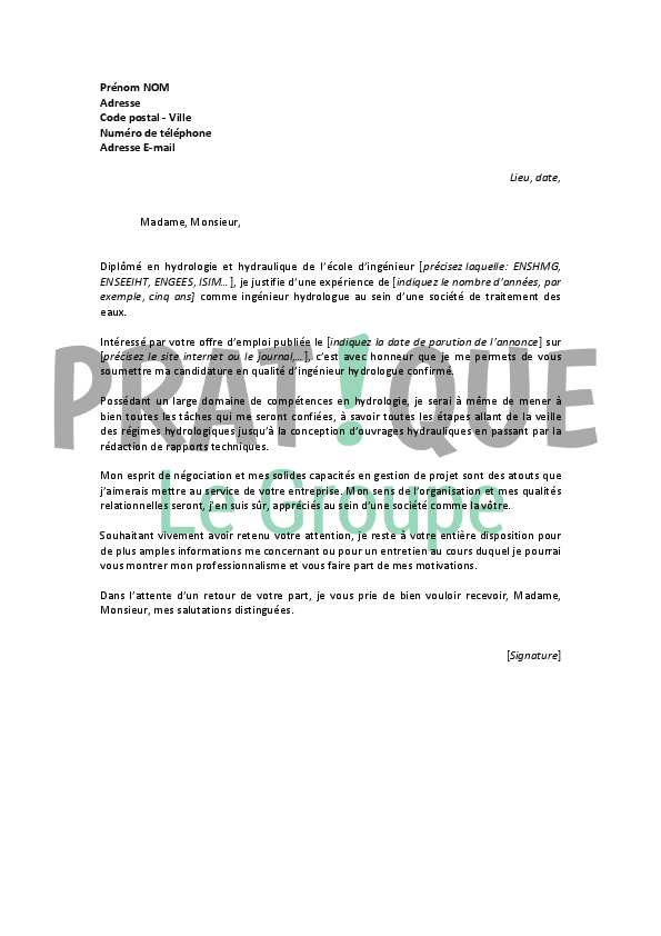 Lettre de motivation pour un emploi d'ingénieur hydrologue confirmé