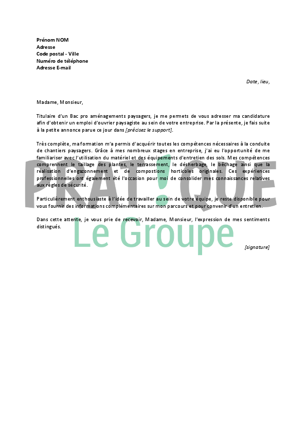 Lettre de motivation pour un emploi d'ouvrier paysagiste 