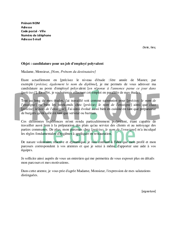 Lettre de motivation pour un job d'employé polyvalent 