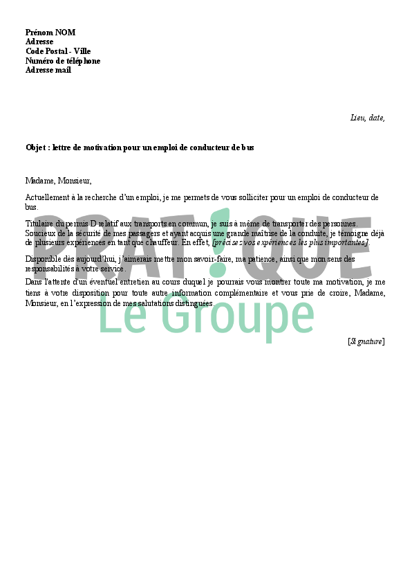 Lettre De Motivation Pour Un Poste De Conducteur De Bus