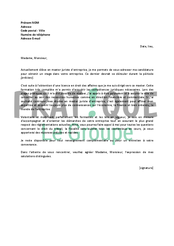 Lettre De Motivation Pour Un Stage De Master Juriste D Entreprise Pratique Fr