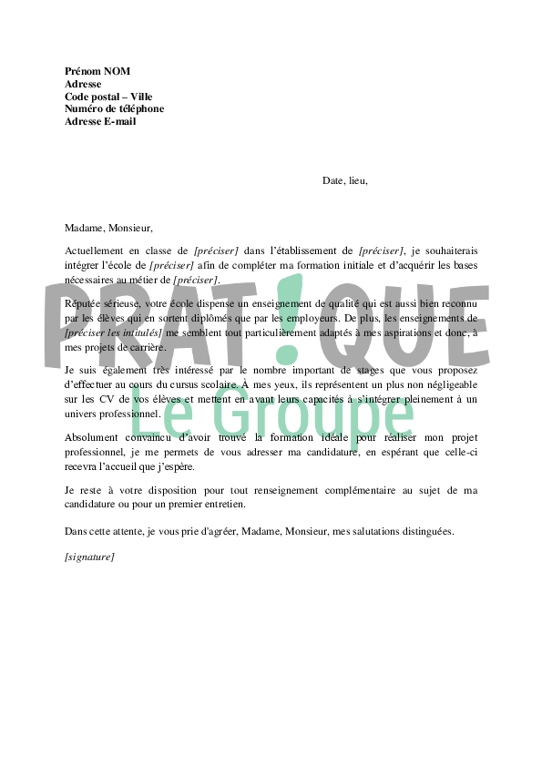 Lettre De Motivation Entree En Ecole