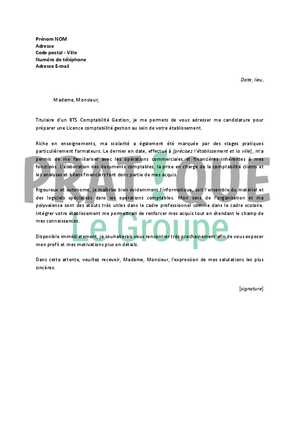 Lettre de motivation pour une licence comptabilité gestion  Pratique.fr