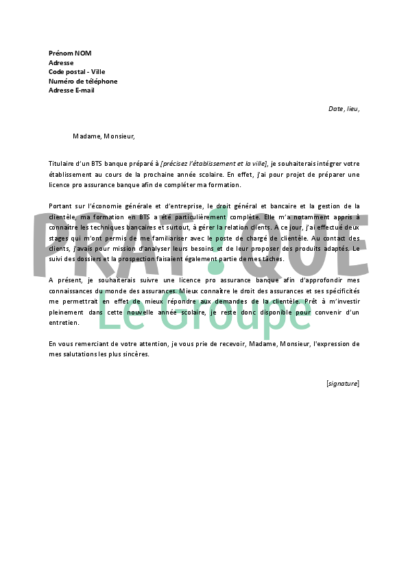 Lettre de motivation pour une licence pro assurance banque  Pratique.fr