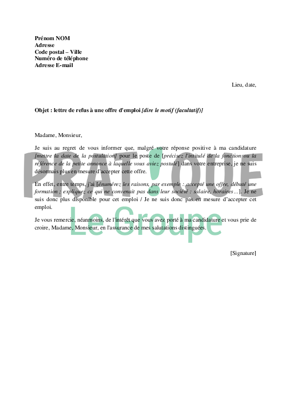 Lettre de refus d'une offre d'emploi Pratique.fr