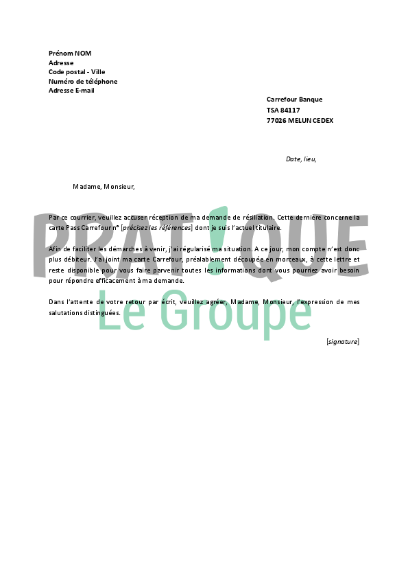 Lettre De Resiliation Carte Pass Carrefour Pratique Fr