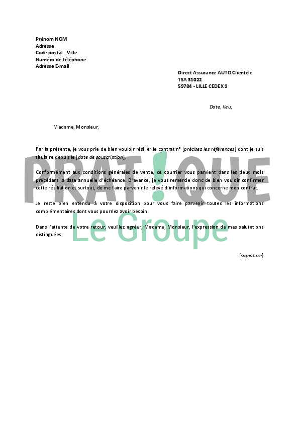 Lettre De Resiliation Direct Assurance Pratique Fr