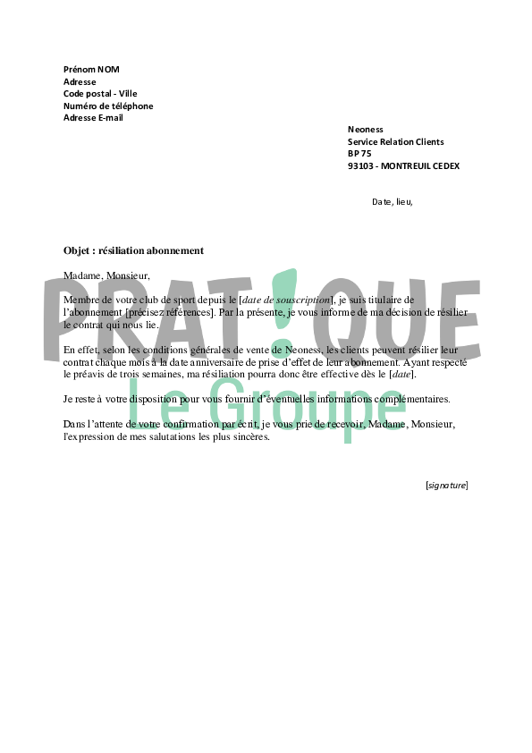 Lettre De Fin Dabonnement Salle De Sport Exemple de Lettre