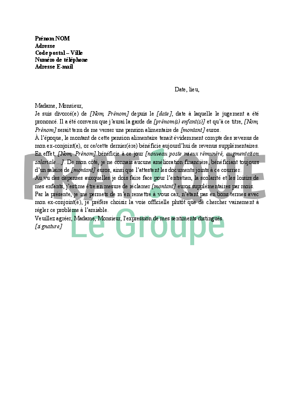 lettre type pension alimentaire amiable