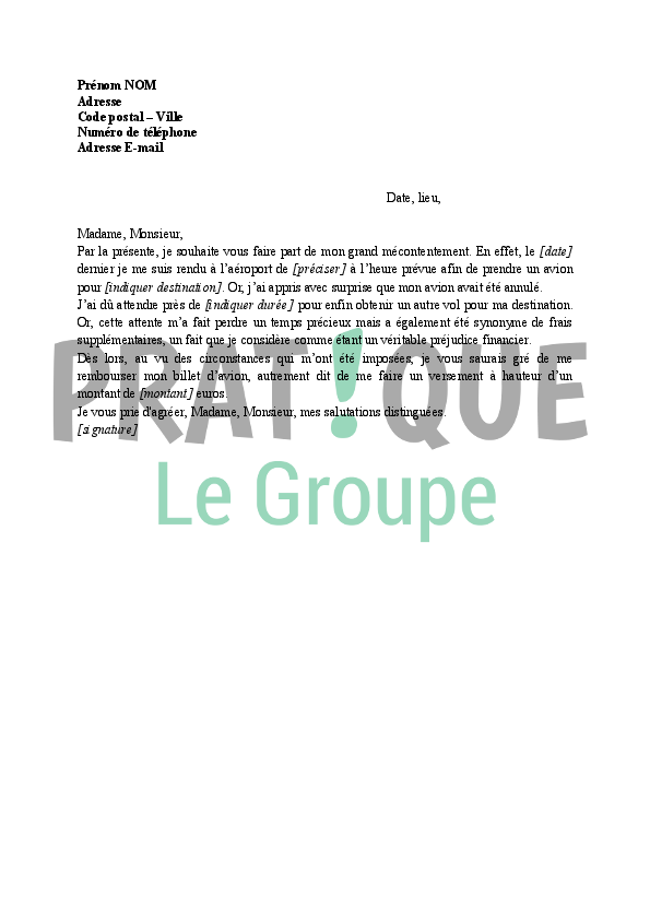 Lettre demande de remboursement de billet d'avion 