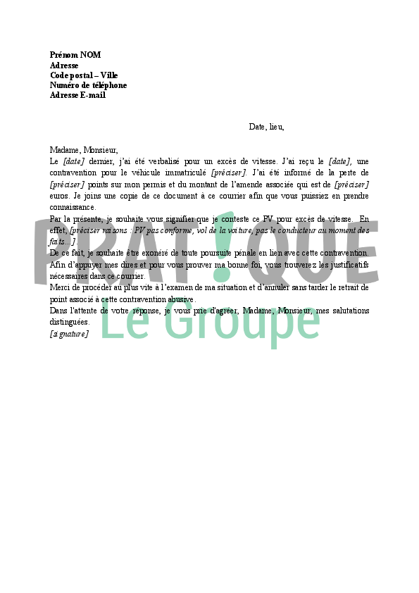 Lettre pour contester un excès de vitesse  Pratique.fr