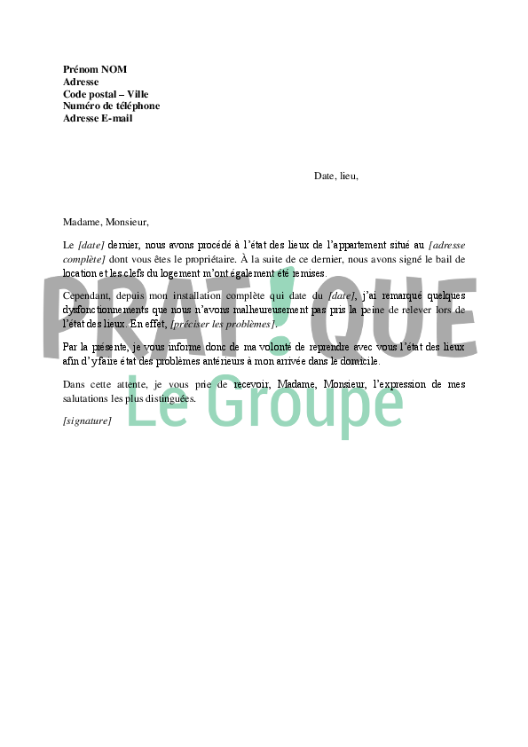 lettre de procuration état des lieux