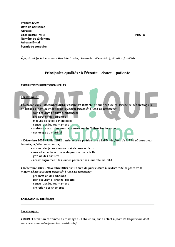 Modèle de CV pour un emploi d'auxiliaire de puériculture 