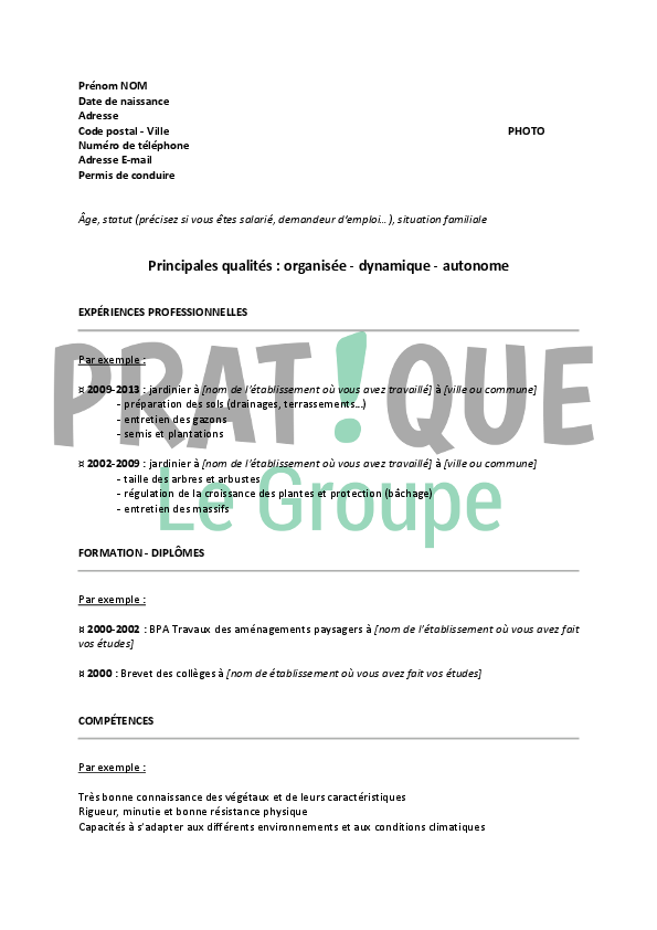 Modèle de CV pour un emploi de jardinier confirmé 