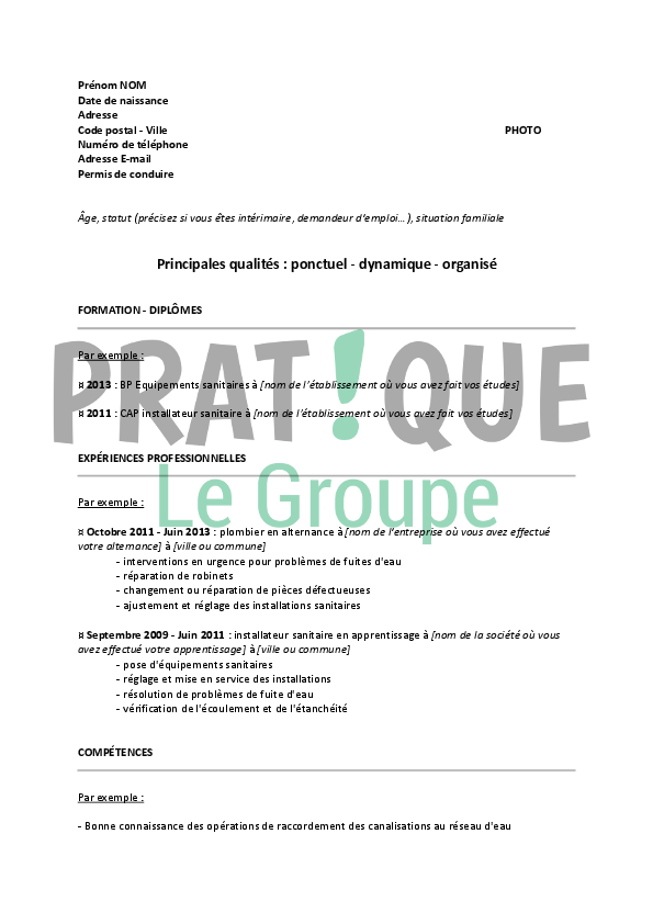 Modèle de CV pour un emploi de plombier débutant  Pratique.fr