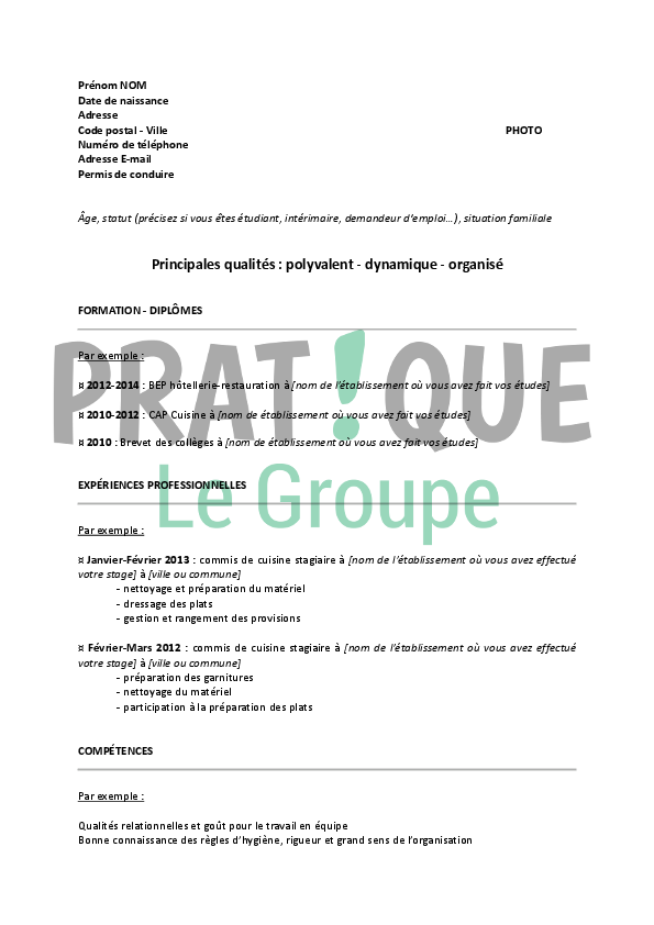 modele de cv pour un stage en bep hotellerie restauration