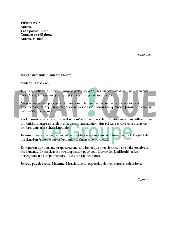 lettre aide financiere