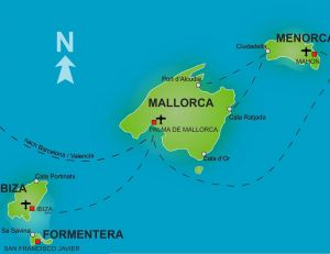 Carte des Baléares, Mahon se situe sur l’île de Minorque (Menorca)