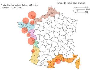 Carte de répartition de la production française de moules et d’huîtres