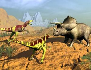 Combat entre un tricératops et deux dinosaures carnivores de la famille des tyrannosaures
